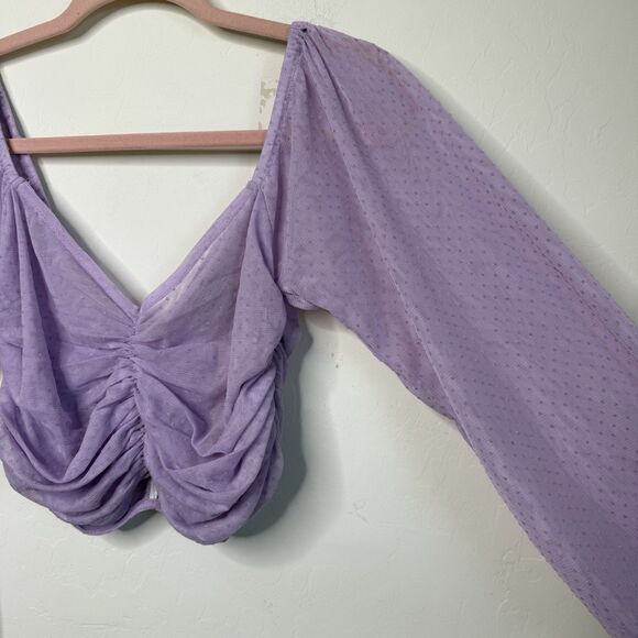 ASOS Size 4 Purple Ruched Sheer Swiss Dot Long Sleeve Crop Top - Picture 3 of 14
